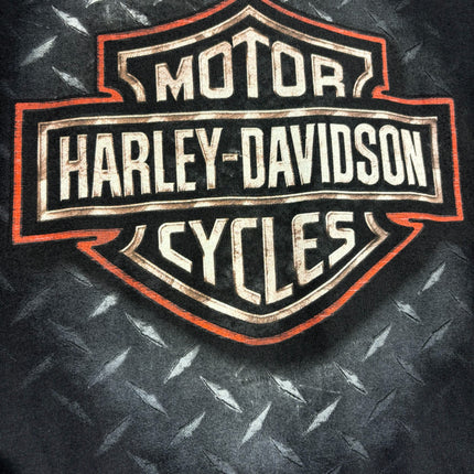 OutOf10 black Harley-Davidson cotton t-shirt featuring a front shield logo graphic on a diamond-plate background.