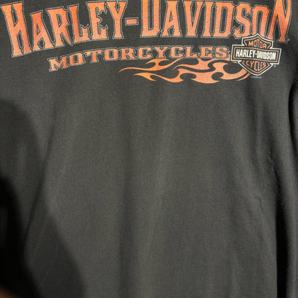 OutOf10 black Harley-Davidson cotton t-shirt featuring an orange flame graphic and iconic logo on the front