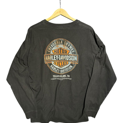OutOf10 black long-sleeve Harley-Davidson graphic shirt featuring a vintage Cherohala Skyway logo on the back.