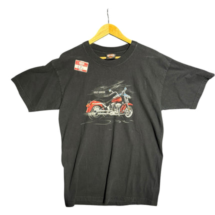 OutOf10 black Harley-Davidson cotton t-shirt with a front graphic of a red cruiser motorcycle on a wooden hanger