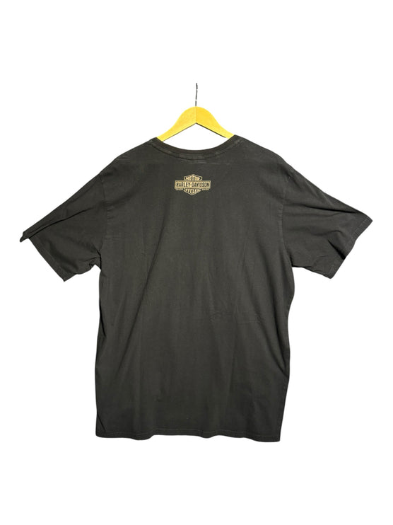 OutOf10 black cotton Harley-Davidson short sleeve crewneck t-shirt with back neckline logo detail on a yellow hanger