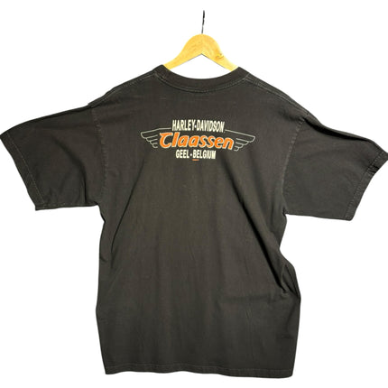 OutOf10 black Harley-Davidson short sleeve t-shirt featuring a Claassen Geel-Belgium dealership graphic on the back.