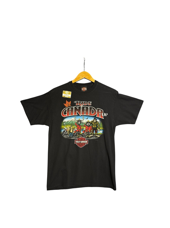 OutOf10 black Harley-Davidson Canada graphic t-shirt featuring a moose and sasquatch illustration on the front.