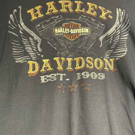 OutOf10 charcoal grey Harley-Davidson graphic t-shirt with distressed vintage logo, wings, and 1903 text.