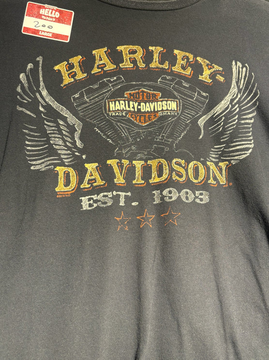OutOf10 charcoal grey Harley-Davidson graphic t-shirt with distressed vintage logo, wings, and 1903 text.