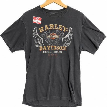 OutOf10 charcoal grey Harley-Davidson cotton crewneck t-shirt with vintage wing logo graphic on front