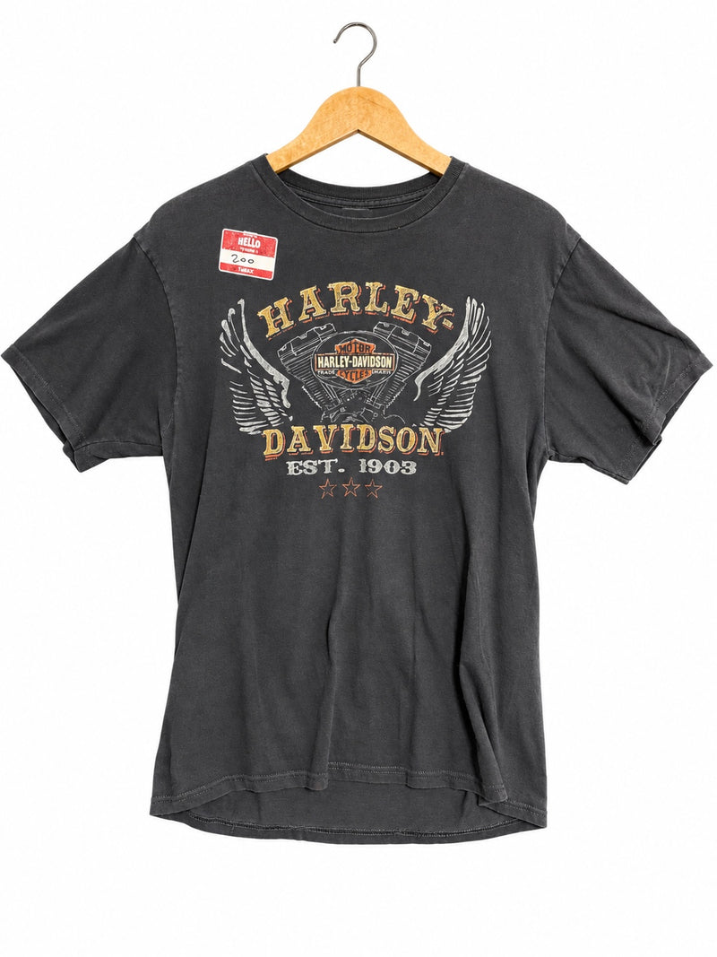 OutOf10 charcoal grey Harley-Davidson cotton crewneck t-shirt with vintage wing logo graphic on front
