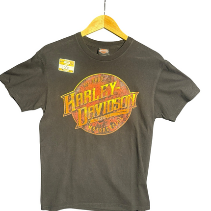 OutOf10 charcoal black cotton crewneck t-shirt with a vintage-style distressed Harley-Davidson circular logo print.