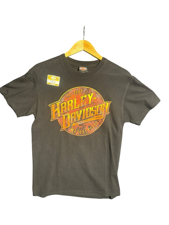 OutOf10 charcoal black cotton crewneck t-shirt with a vintage-style distressed Harley-Davidson circular logo print.