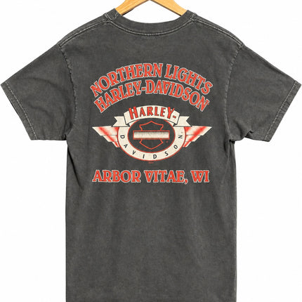 OutOf10 washed-black cotton t-shirt with Northern Lights Harley-Davidson Arbor Vitae Wisconsin graphic on the back