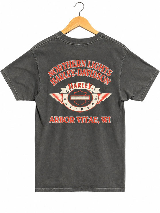 OutOf10 washed-black cotton t-shirt with Northern Lights Harley-Davidson Arbor Vitae Wisconsin graphic on the back