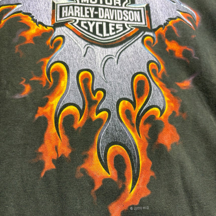 OutOf10 vintage Harley-Davidson black cotton t-shirt featuring a fiery eagle and motorcycle logo graphic print