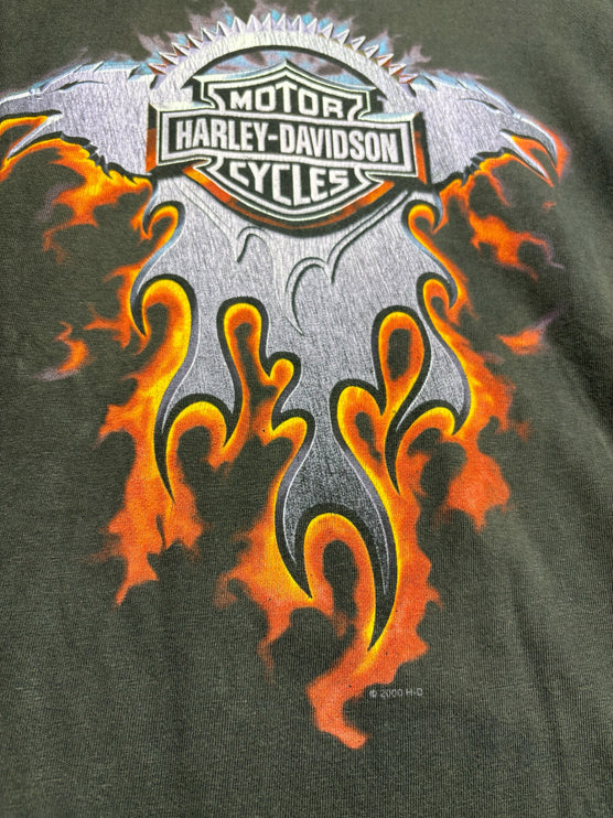OutOf10 vintage Harley-Davidson black cotton t-shirt featuring a fiery eagle and motorcycle logo graphic print