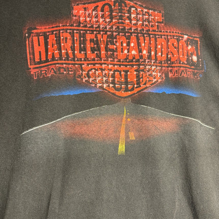 OutOf10 vintage-inspired washed-black cotton t-shirt with a distressed Harley-Davidson highway graphic logo
