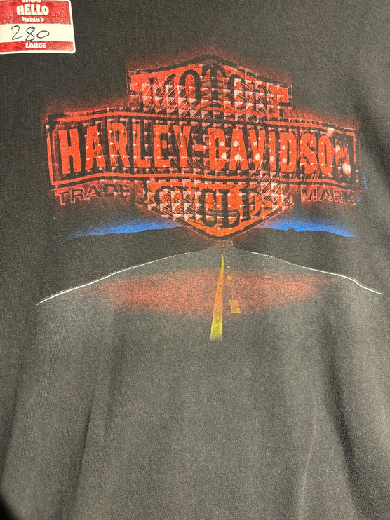 OutOf10 vintage-inspired washed-black cotton t-shirt with a distressed Harley-Davidson highway graphic logo