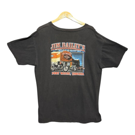 OutOf10 black cotton Harley-Davidson graphic t-shirt featuring a Jim Bailey dealership print on the back