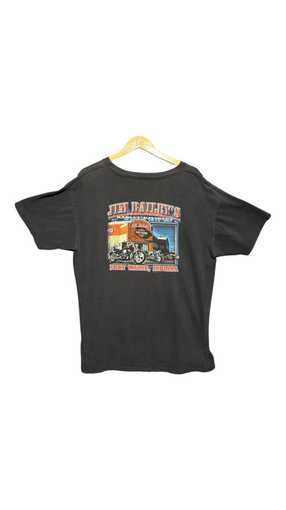 OutOf10 black cotton Harley-Davidson graphic t-shirt featuring a Jim Bailey dealership print on the back
