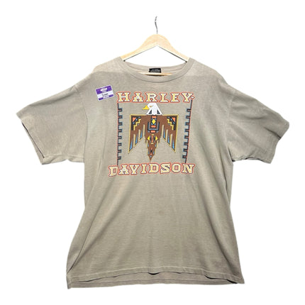 OutOf10 grey cotton Harley-Davidson graphic t-shirt featuring a Southwestern eagle design on a wooden hanger.