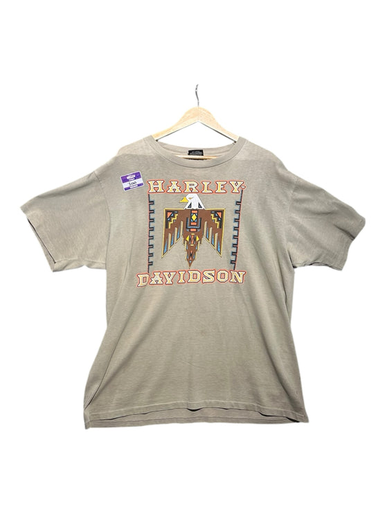 OutOf10 grey cotton Harley-Davidson graphic t-shirt featuring a Southwestern eagle design on a wooden hanger.