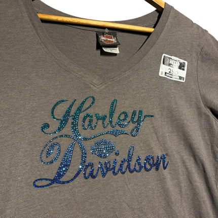 OutOf10 grey Harley-Davidson v-neck t-shirt with blue rhinestone logo lettering on a wooden hanger