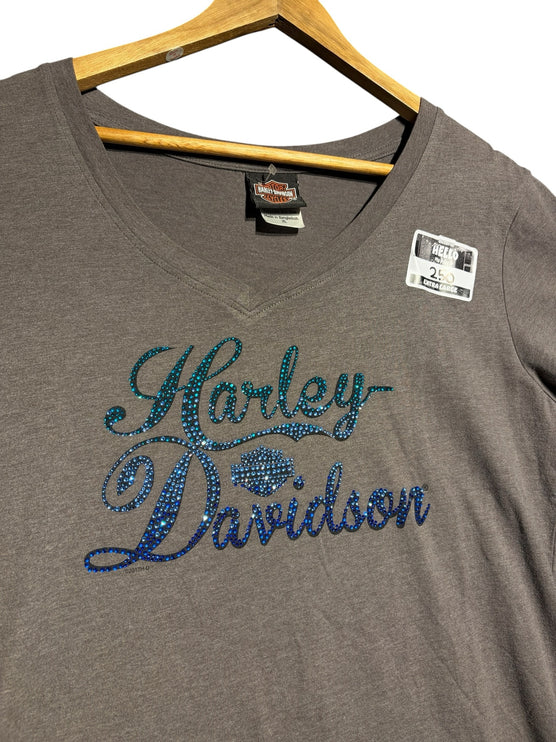 OutOf10 grey Harley-Davidson v-neck t-shirt with blue rhinestone logo lettering on a wooden hanger