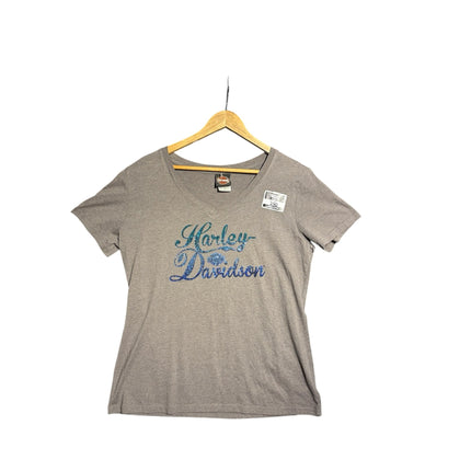OutOf10 grey Harley-Davidson v-neck t-shirt with blue rhinestone logo graphic on a wooden hanger