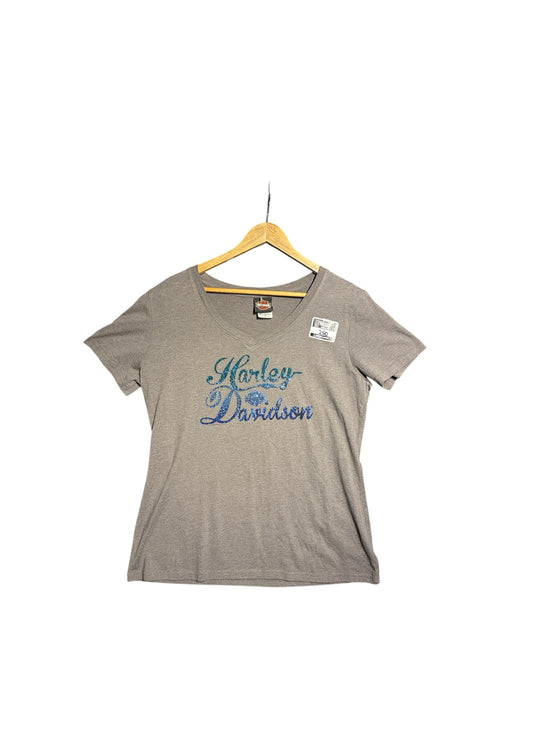 OutOf10 grey Harley-Davidson v-neck t-shirt with blue rhinestone logo graphic on a wooden hanger