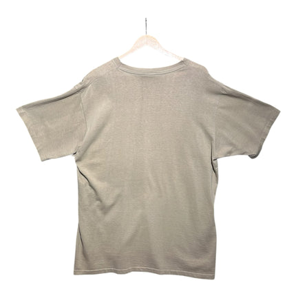 Back view of an OutOf10 Harley-Davidson grey cotton crewneck t-shirt hanging on a wooden hanger.