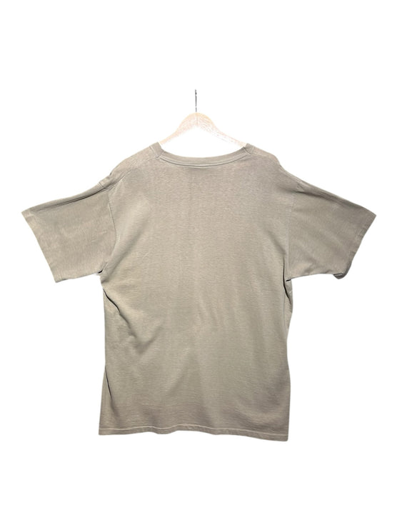 Back view of an OutOf10 Harley-Davidson grey cotton crewneck t-shirt hanging on a wooden hanger.