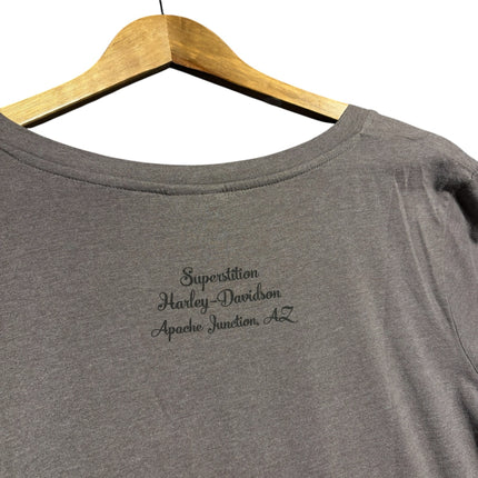 OutOf10 grey v-neck t-shirt back view featuring Superstition Harley-Davidson Apache Junction Arizona print
