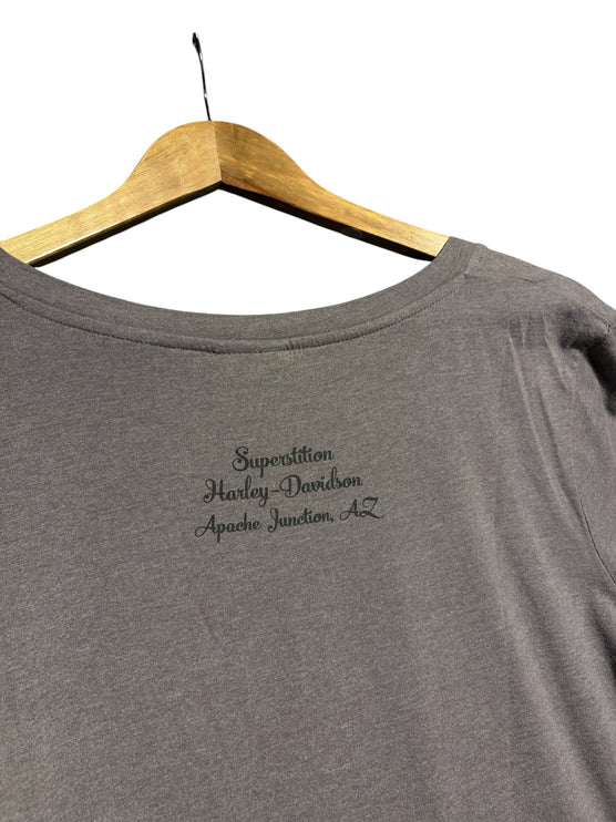 OutOf10 grey v-neck t-shirt back view featuring Superstition Harley-Davidson Apache Junction Arizona print