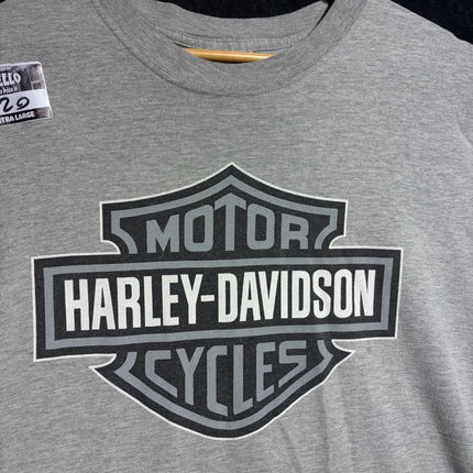 OutOf10 grey cotton-blend Harley-Davidson t-shirt featuring the iconic black and white bar and shield logo on the front.