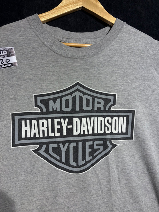 OutOf10 grey cotton-blend Harley-Davidson t-shirt featuring the iconic black and white bar and shield logo on the front.