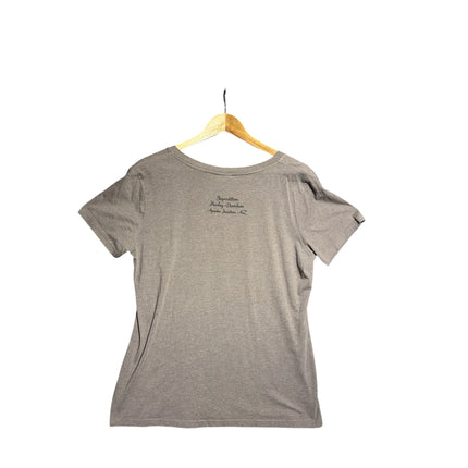 OutOf10 grey Harley-Davidson v-neck t-shirt back view with Superstition Apache Junction print on a wooden hanger