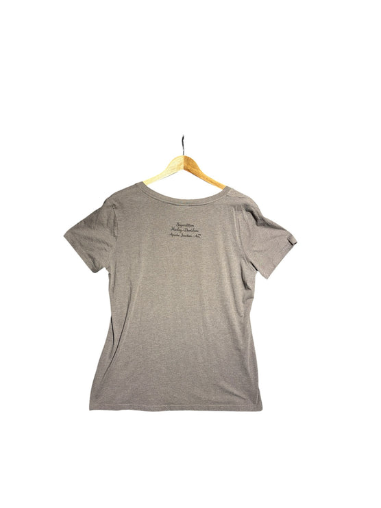 OutOf10 grey Harley-Davidson v-neck t-shirt back view with Superstition Apache Junction print on a wooden hanger