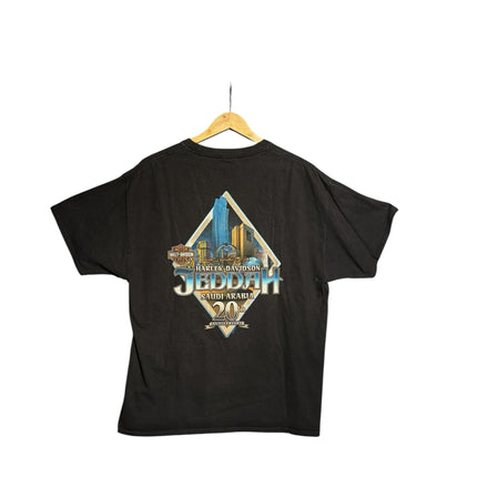 OutOf10 black Harley-Davidson Jeddah 20th anniversary cotton t-shirt with back cityscape graphic on a wooden hanger