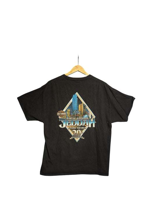 OutOf10 black Harley-Davidson Jeddah 20th anniversary cotton t-shirt with back cityscape graphic on a wooden hanger