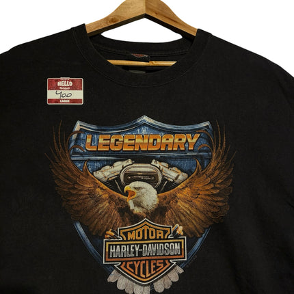 OutOf10 black Harley-Davidson Jeddah anniversary t-shirt featuring a detailed eagle and shield graphic on the front.