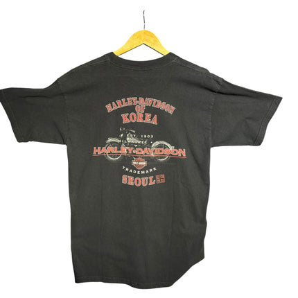 OutOf10 black cotton Harley-Davidson graphic t-shirt featuring a vintage Seoul Korea motorcycle print on the back