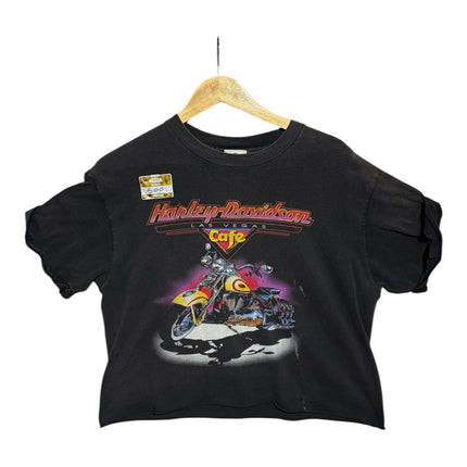 OutOf10 black cropped Harley-Davidson Las Vegas Cafe graphic t-shirt with a vintage motorcycle print.