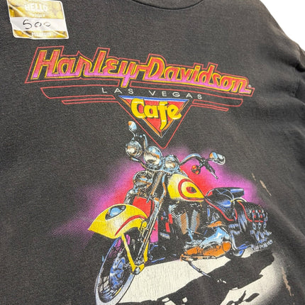 OutOf10 black Harley-Davidson Las Vegas Cafe cropped graphic t-shirt with a vintage motorcycle print.