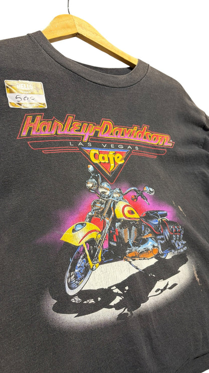OutOf10 black Harley-Davidson Las Vegas Cafe cropped graphic t-shirt with a vintage motorcycle print.