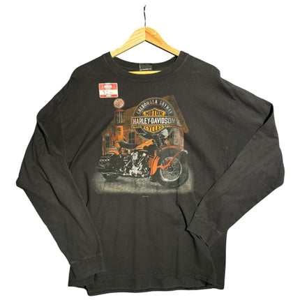 OutOf10 black long sleeve cotton crewneck shirt featuring a vintage Harley-Davidson motorcycle graphic print