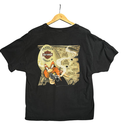OutOf10 black cotton crewneck t-shirt featuring a vintage Harley-Davidson and Yosemite Sam map graphic on the back.