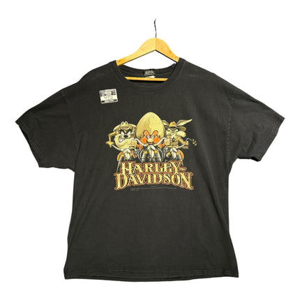 OutOf10 black Harley-Davidson x Looney Tunes graphic crewneck t-shirt featuring vintage cartoon characters on bikes.