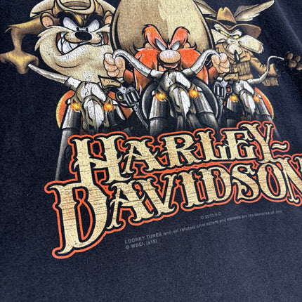 OutOf10 black cotton t-shirt featuring a vintage Harley-Davidson and Looney Tunes graphic with Taz and Yosemite Sam.