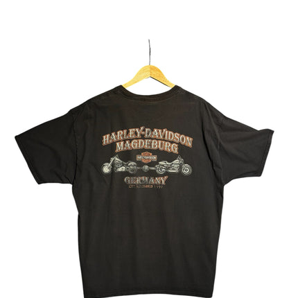 OutOf10 black Harley-Davidson short sleeve t-shirt featuring a vintage Magdeburg Germany motorcycle back graphic