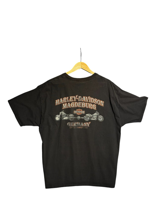 OutOf10 black Harley-Davidson short sleeve t-shirt featuring a vintage Magdeburg Germany motorcycle back graphic