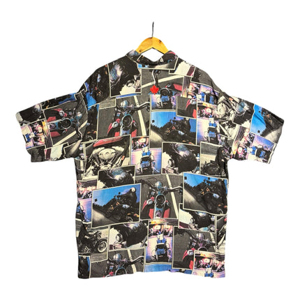 OutOf10 vintage Harley-Davidson short-sleeve button-down shirt featuring a multi-photo motorcycle collage print.