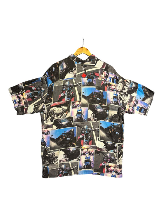 OutOf10 vintage Harley-Davidson short-sleeve button-down shirt featuring a multi-photo motorcycle collage print.